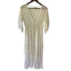 Women’s Boho White Tiered Summer Dress Size L Button Front Lace Cottagecore